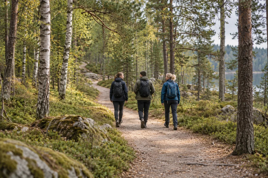 Tre vänner vandrar tillsammans på en skogsstig